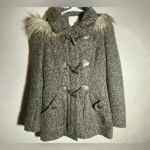 Altar'd State Womens Brown Tweed‎ Toggle Faux Fur Collar Coat Jacket